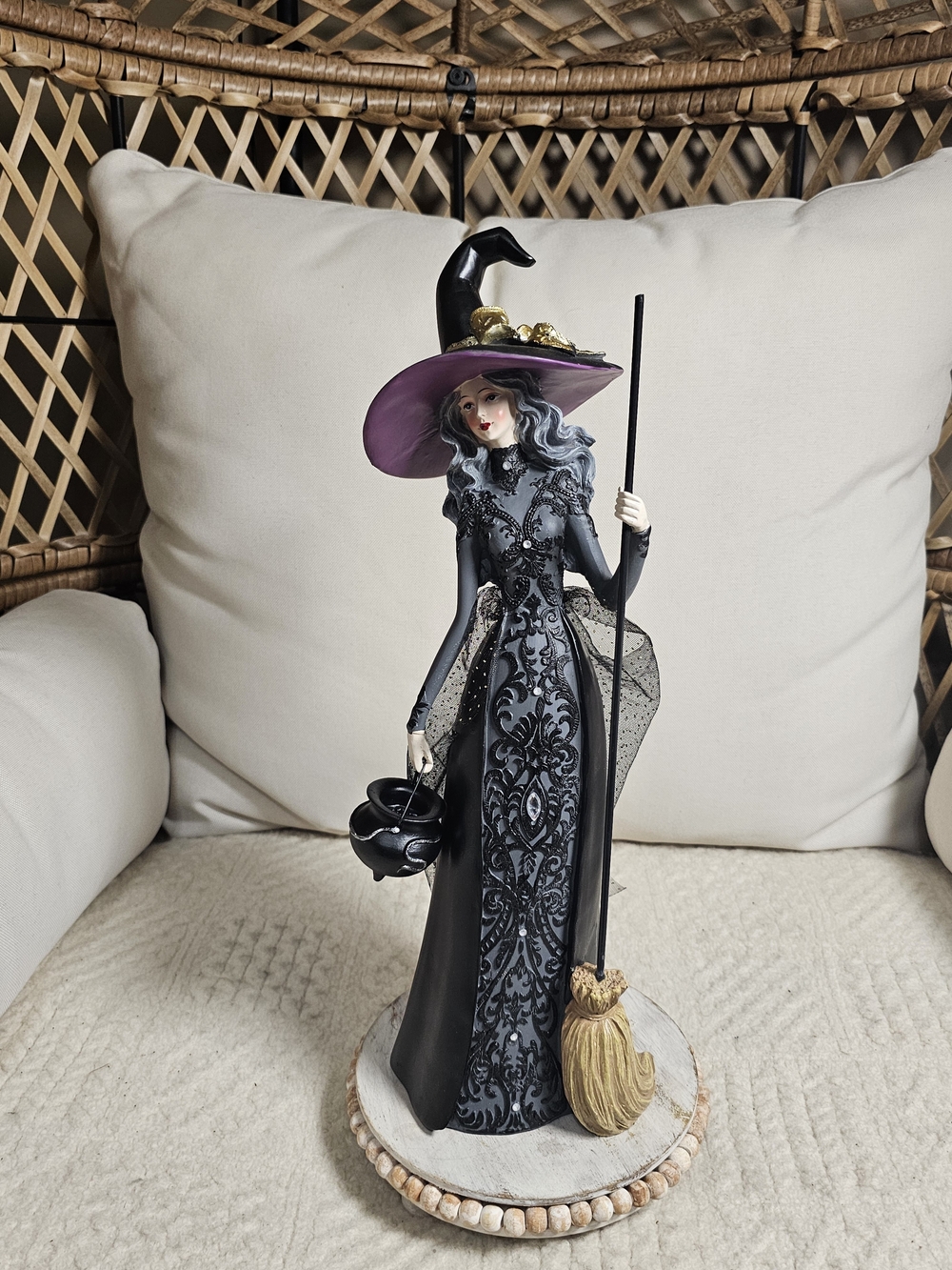 Elegant Gothic Witch Figurine Halloween Decor Black Gold Tulle Gown Broom